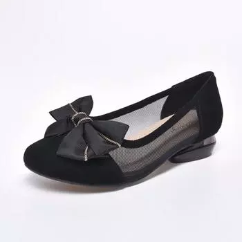 Round head flat bottom women s spring and bow mesh splicing small single shoes black sheepskin women s shoes 34