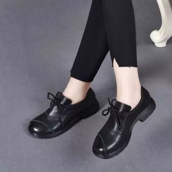 Round head flat shoes women s autumn new lace-up small leather shoes first layer cowhide casual shoes 35