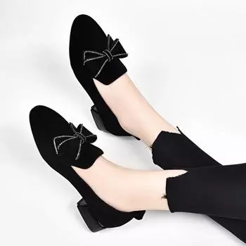Round head flat shoes women s shoes spring new bow rhinestone black sheepskin women s shoes 35