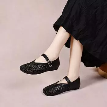 Round head flats women s summer hollow woven pastoral shoes one pedal women s Mary Jane shoes 34