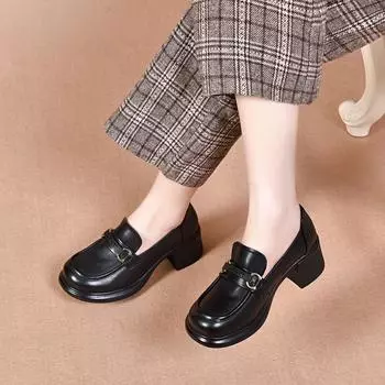Round head high-heeled women s shoes spring new first-layer cowhide waterproof platform thick-soled single shoes women s small leather shoes 34