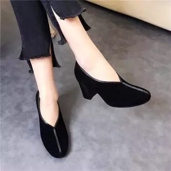 Round head high heels autumn new black round head thick heel light mouth single shoes sheepskin women 35