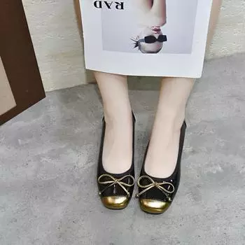 Round head high heels women s autumn new color matching bow middle heel ballet shoes commuter small single shoes 34