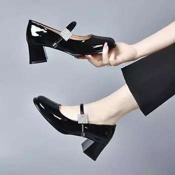 Round head high heels women s spring new one-word strap Mary Jane shoes square buckle rhinestone thick heel fashion shoes 34