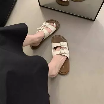 Round head Internet celebrity flat-bottomed beach slippers female explosion 2025 new summer women s wear versatile fashion and comfort 35 коричневый