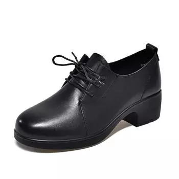 Round head lace-up small leather shoes women s black first layer cowhide thick heel work shoes soft leather 35