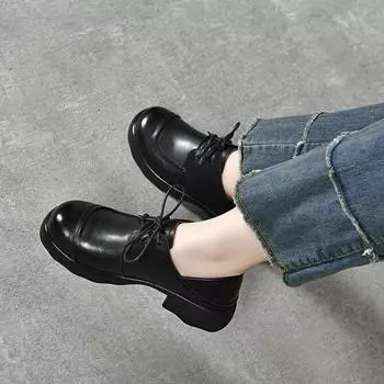 Round head lace-up women s autumn new first-layer cowhide flats, college-style small leather shoes, wear two shoes 34