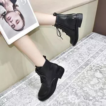 Round Head Leather Boots Martin Boots Women s Large Size First Layer Cowhide Comfortable Flat Bottom Short Boots Black Cotton Boots Women s Boots 34