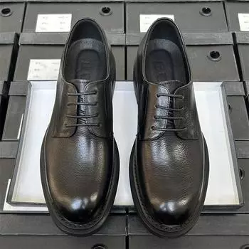 Круглые кожаные туфли мужские деловые деловые кожаные дышащие повседневные мужские кожаные туфли для поездок на работу свадебные туфли жениха толстые подошвы увеличение 38 чёрный