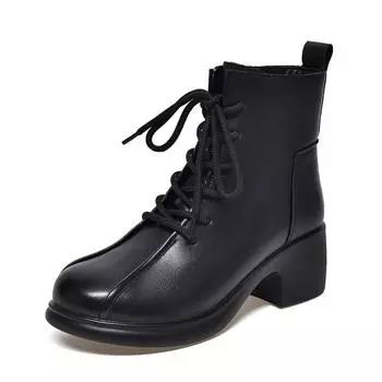 Round head Martin boots women s new medium heel retro leather boots first layer cowhide lace-up short boots 35