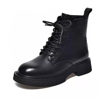 Round head Martin boots women s new lace-up casual first-layer cowhide short boots comfortable cotton boots leather boots women s boots 35