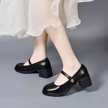 Round head Mary Jane shoes women s spring and summer new light mouth one-word thick heel single shoes four seasons college style high heels 35