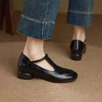 Round head Mary Jane shoes women s retro T-buckle simple temperament low heel leather shoes flat shoes 35