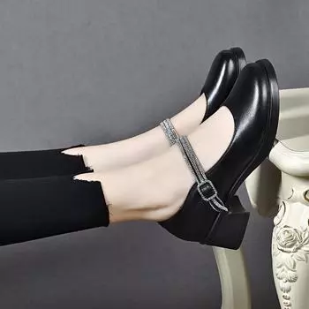 Round head one-word buckle small leather shoes women s college style thick heel rhinestone Mary Jane shoes cowhide women s high heels 35