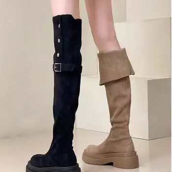 Round head platform boots children s spring and summer 2024 new fashion high heel sleeve thick heel knee knight boots 35 чёрный