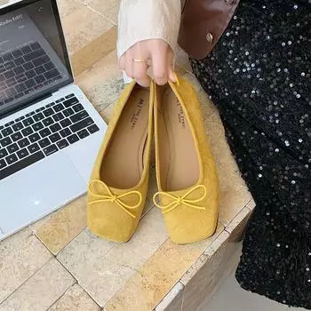 Round head retro ballet shoes women s shoes 2025 spring new suede light mouth bow soft sole single shoes grandma shoes 35 жёлтый