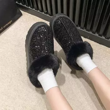 Round head sequined velvet cotton shoes autumn and winter new one-pedal lazy drag women s bag head fluffy slippers 36