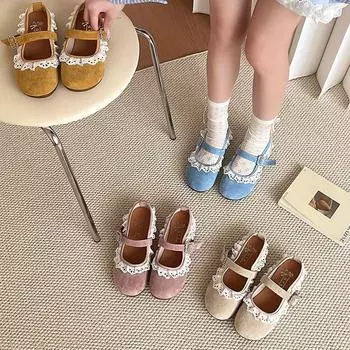 Round head shallow mouth casual lace flat bottom Mary Jane shoes spring and summer new lace gentle jk retro women s single shoes 35 синий