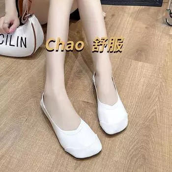 Round head shallow mouth flat bottom grandma shoes women s summer flat bottom leather small single shoes women s one foot lazy bean shoes small 35 белый