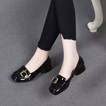 Round head shallow mouth single shoes women s shoes autumn new cow patent leather belt buckle low heel comfortable small leather shoes 35