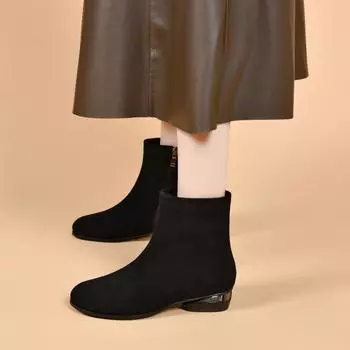 Round head short boots women s autumn and winter flat bottom simple temperament black leather boots thin boots straight boots cotton boots 34