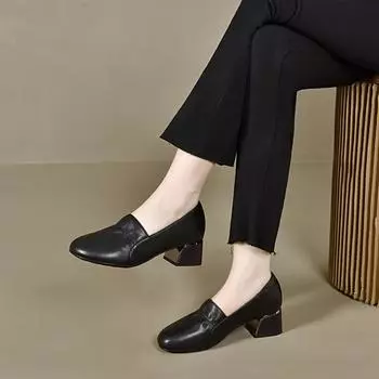 Round head single shoes women s autumn two kinds of height ruffle edge shallow mouth women s shoes four seasons shoes cowhide thick heel work shoes 34