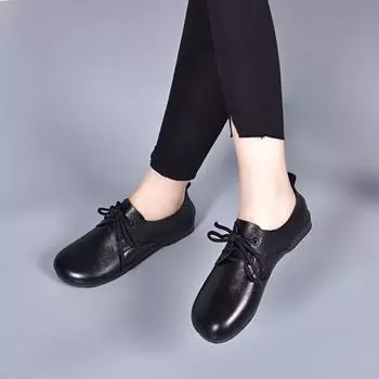 Round head single shoes women s autumn new first-layer cowhide lace-up soft sole soft surface casual shoes lazy shoes 34