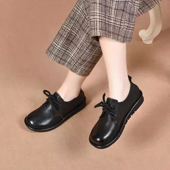 Round head single shoes women s autumn new soft-soled soft-faced cowhide lace-up flats comfortable small leather shoes 35