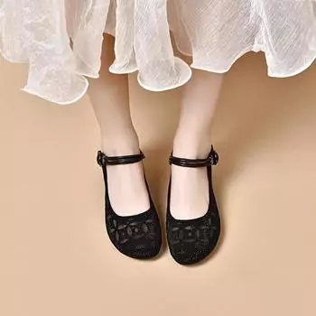 Round head single shoes women s spring and summer new buckle Mary Jane shoes mesh yarn hot drill breathable shallow mouth 34