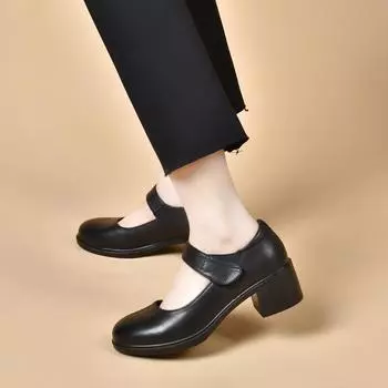 Round head single shoes women s spring new shallow mouth one-word buckle middle heel dance shoes simple high heels 35