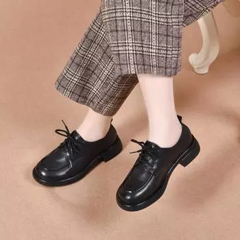 Round head small leather shoes women s shoes spring new first-layer cowhide basic lace-up flat shoes single shoes 34
