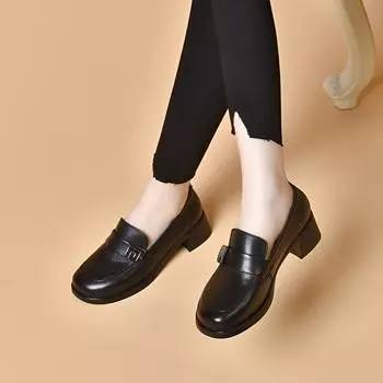 Round head small leather shoes women s spring round head square buckle shallow mouth women s single shoes sheepskin middle heel 35