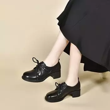 Round head small leather shoes women s autumn new mid-heel lace-up four-season small single shoes casual shoes 34