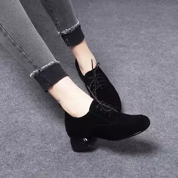 Round head spring new casual black thick heel lace-up single shoes sheepskin deep mouth women s single shoes 35