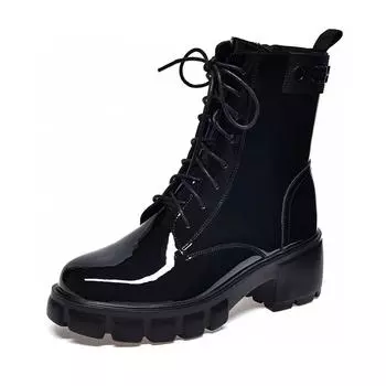 Round head straight boots women s new cow patent leather rivet strap locomotive boots cotton boots Martin boots 35