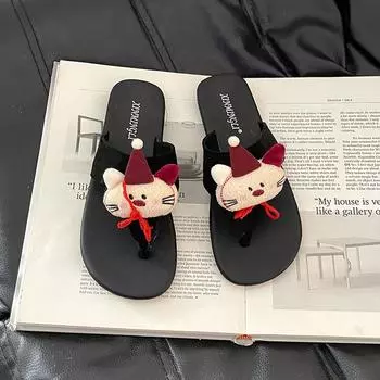 Round head thick bottom herringbone cool slippers women s summer retro cartoon cute doll casual comfortable flat bottom cool slippers 35