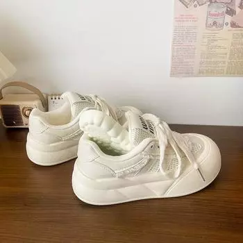 Round head thick-soled mesh ugly cute little white shoes women s 2025 summer new breathable bread shoes casual versatile board shoes 35 бежевый
