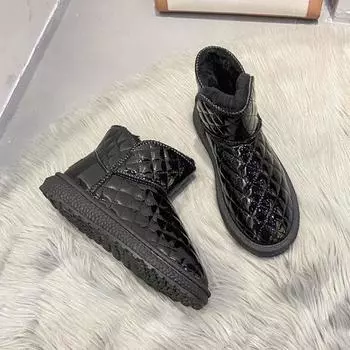 Round head velvet snow boots women s autumn and winter rhombus solid color cotton shoes women s one-pedal leather shoes 35