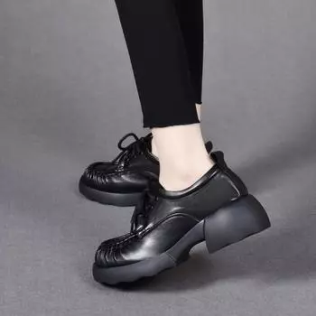 Round head women s autumn and winter thick-soled lace-up small leather shoes college style single shoes sheepskin lace women s four-season shoes 35