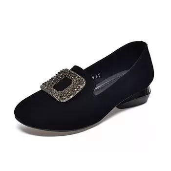 Round head women s autumn square buckle rhinestone shallow mouth flats black sheepskin small single shoes lazy shoes 34