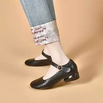 Round head women s spring and summer new shallow mouth word with low heel Mary Jane shoes flat bottom hollow women s single shoes 34