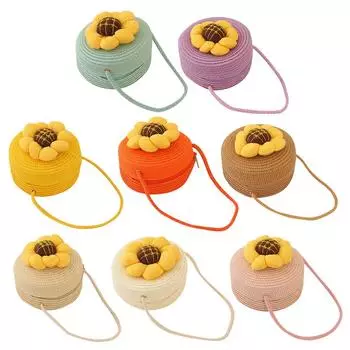 Round Kids Sunflower Straw Shoulder Bag Children Girls Fashion Summer Coin Pu AU жёлтый