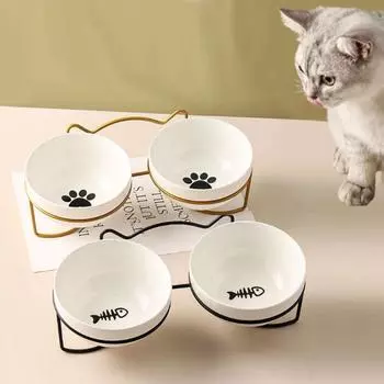 Round Kitten Raised Dish Metal Elevated Cat Ceramic Water Bowl Cute Cats gold-Cat Paw