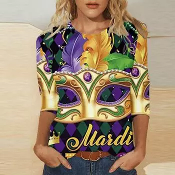 Round Neck 3D Carnival Mask Printed Top Fashionable Casual Long Sleeved Women s T-shirts S