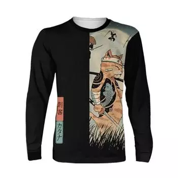 Round Neck 3D Japanese Samurai Cat Graphic Printed Top Fashionable Casual Long Sleeved Men s T-shirts S