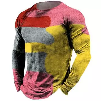 Round Neck 3D Polychrome Printed Top Fashionable Casual Long Sleeved Men s T-shirts S