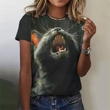 Round Neck 3D Printed Cute Animal T Shirt for Women Funny Cat Pattern Tees Summer Harajuku T-Shirts S