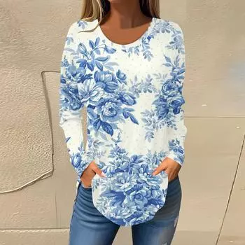 Round Neck 3D Printed Top Fashionable Casual Long Sleeved Women s T-shirts S