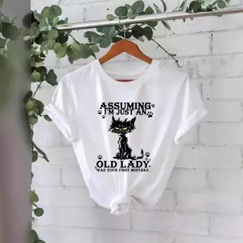 Round Neck Black Cat Printed Pure Cotton Top Women s T-shirt S