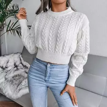 Round Neck Fried Dough Twists Waist Knit Open Navel Long Sleeve Casual Pullover Sweater For Women S белый